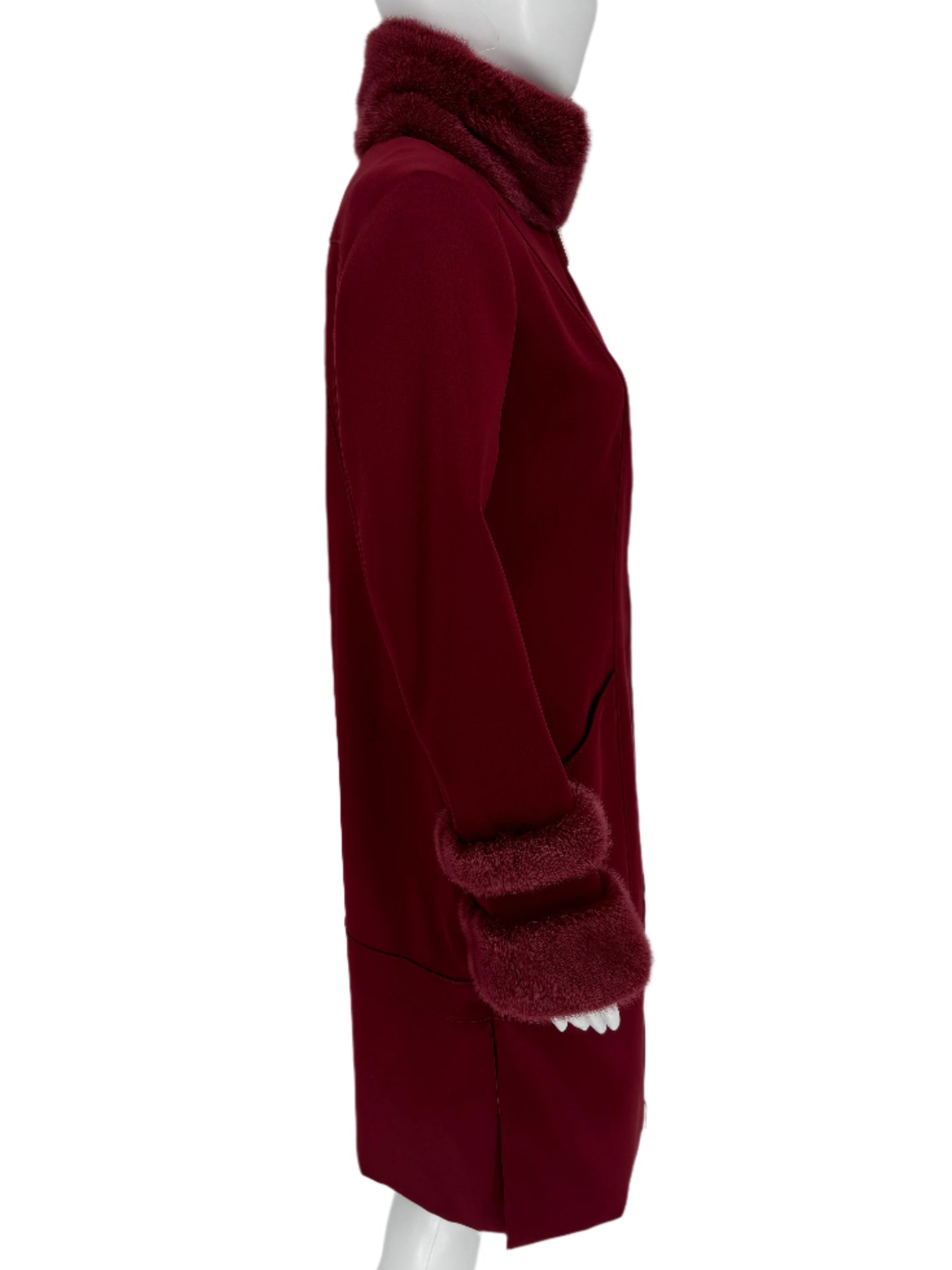 Pamella Roland Crimson/Dark Red Zippered Coat With Fur Collar and Cuffs. ¾ length Size 8/10