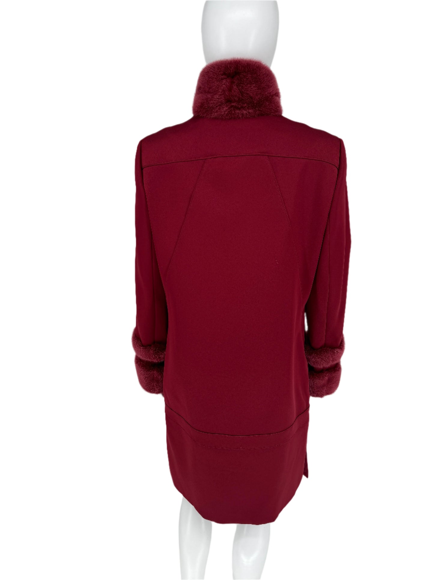 Pamella Roland Crimson/Dark Red Zippered Coat With Fur Collar and Cuffs. ¾ length Size 8/10