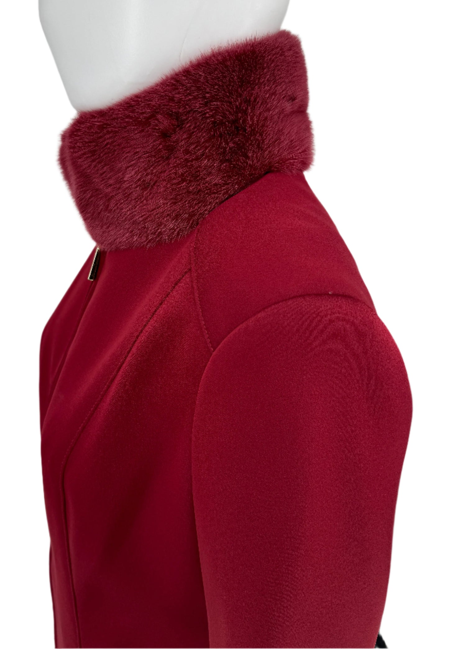 Pamella Roland Crimson/Dark Red Zippered Coat With Fur Collar and Cuffs. ¾ length Size 8/10