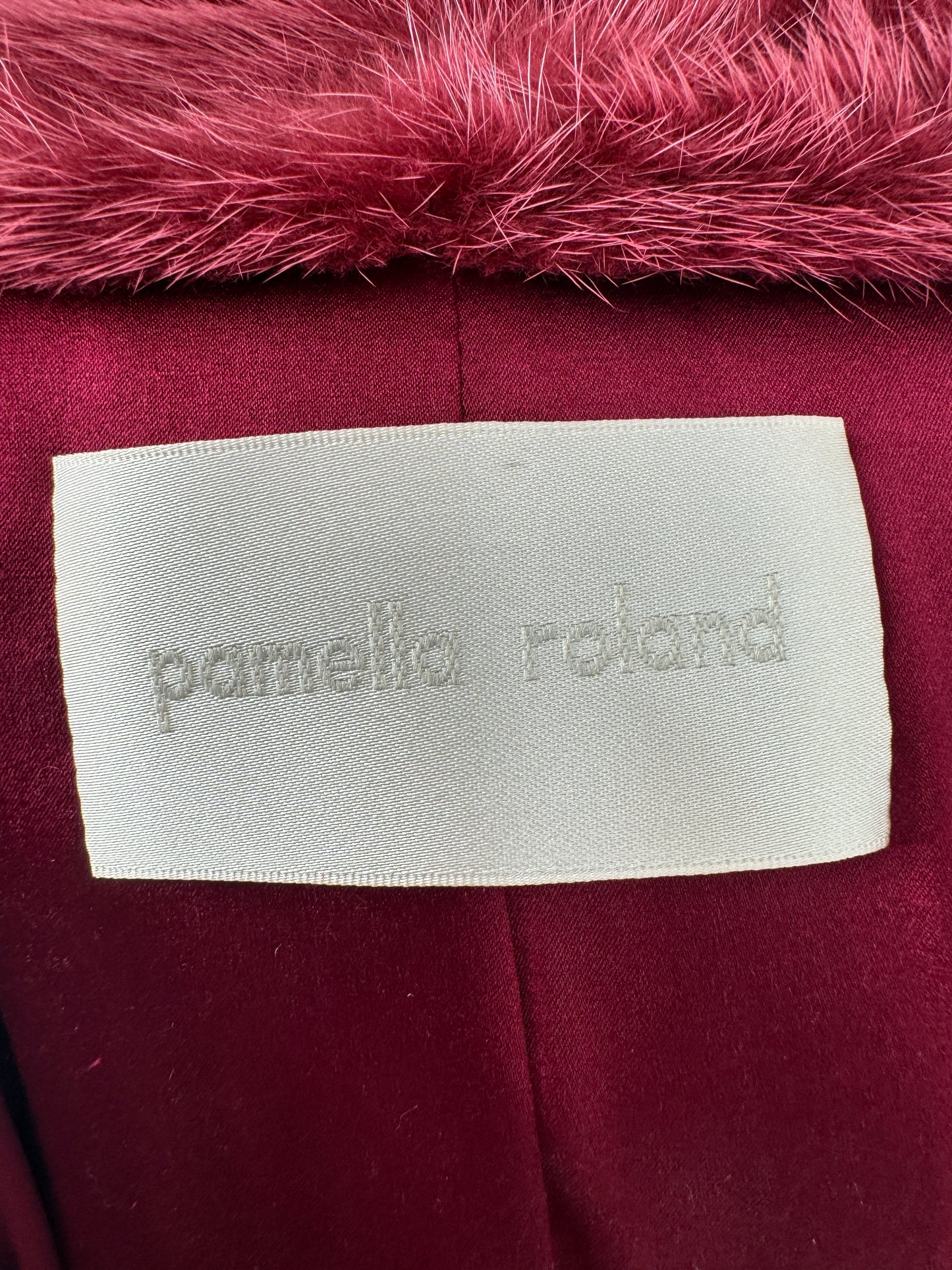 Pamella Roland Crimson/Dark Red Zippered Coat With Fur Collar and Cuffs. ¾ length Size 8/10