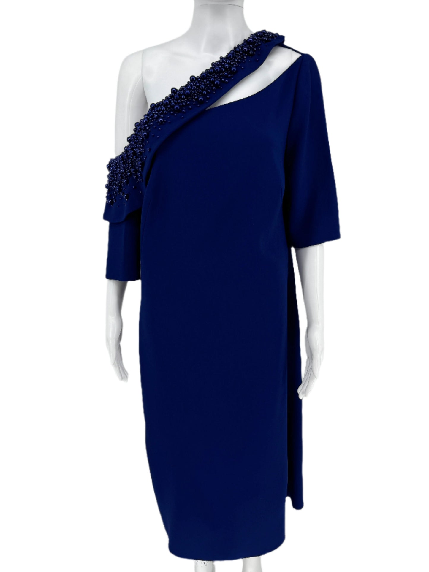 Pamella Roland Royal Blue Purple off shoulder beaded A-Symmetrical Single Sleeve A-line dress - Size 8/10