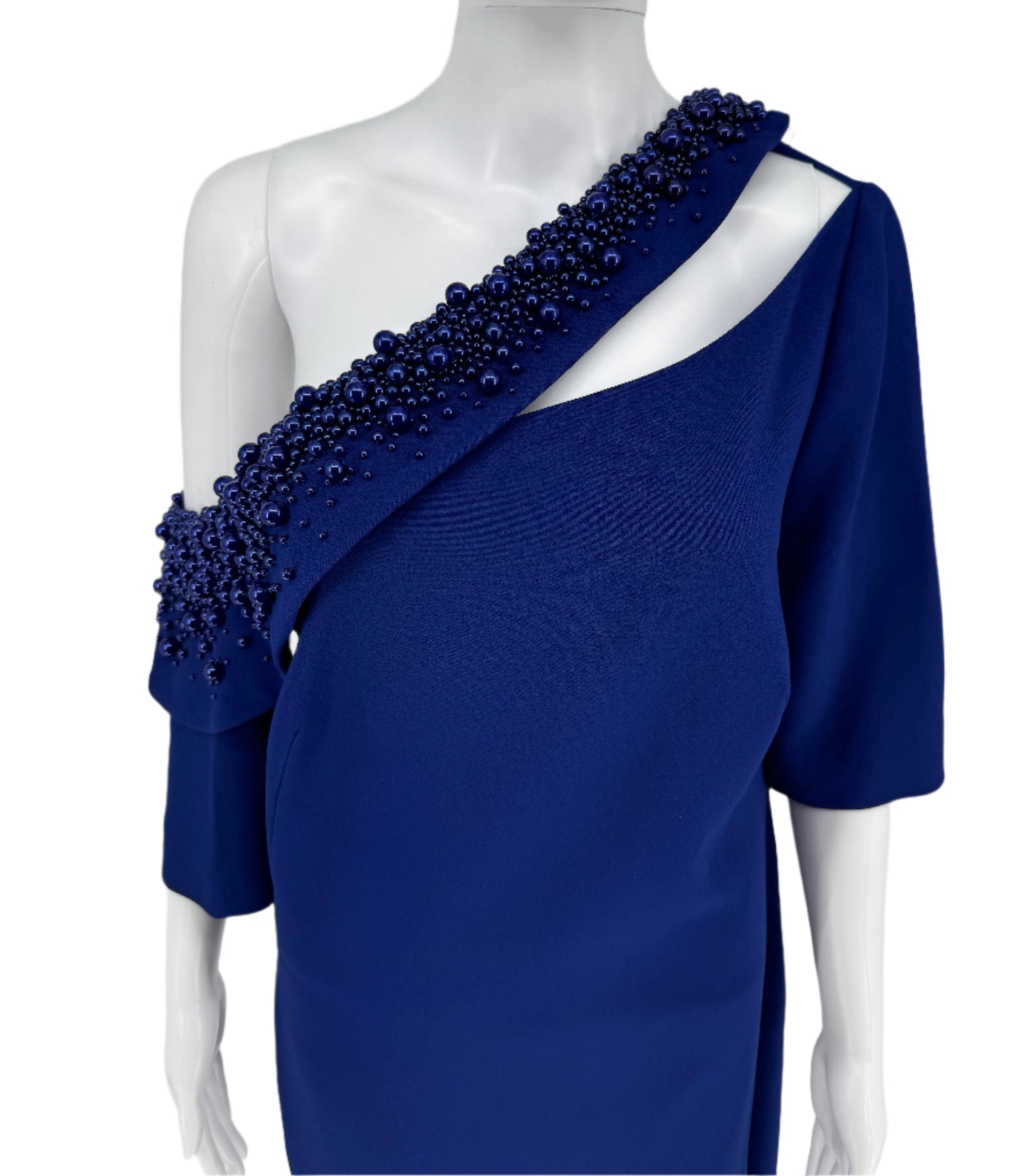 Pamella Roland Royal Blue Purple off shoulder beaded A-Symmetrical Single Sleeve A-line dress - Size 8/10