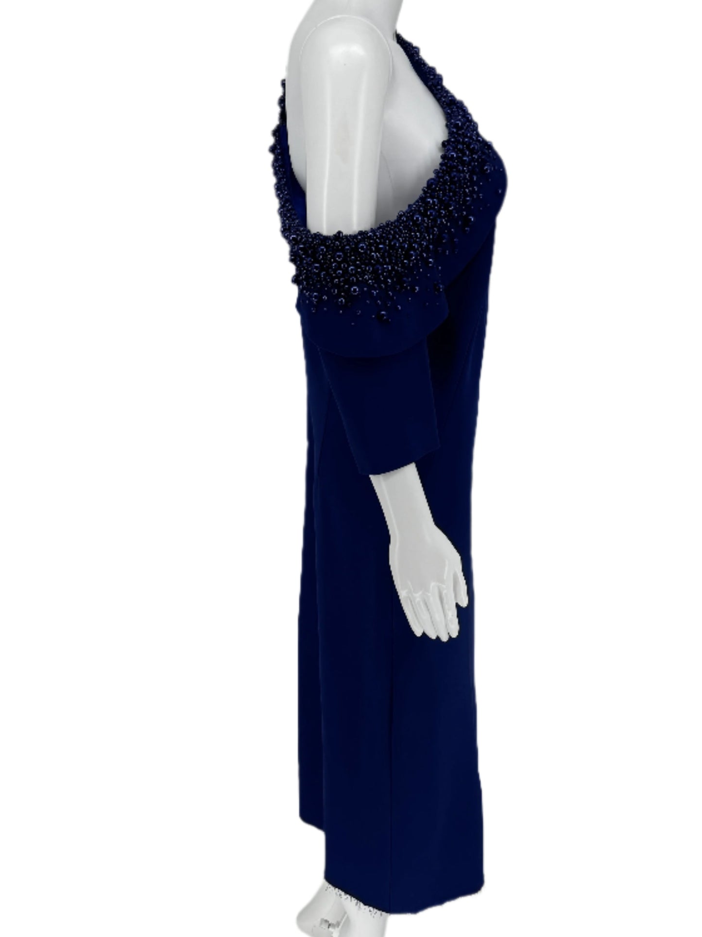 Pamella Roland Royal Blue Purple off shoulder beaded A-Symmetrical Single Sleeve A-line dress - Size 8/10