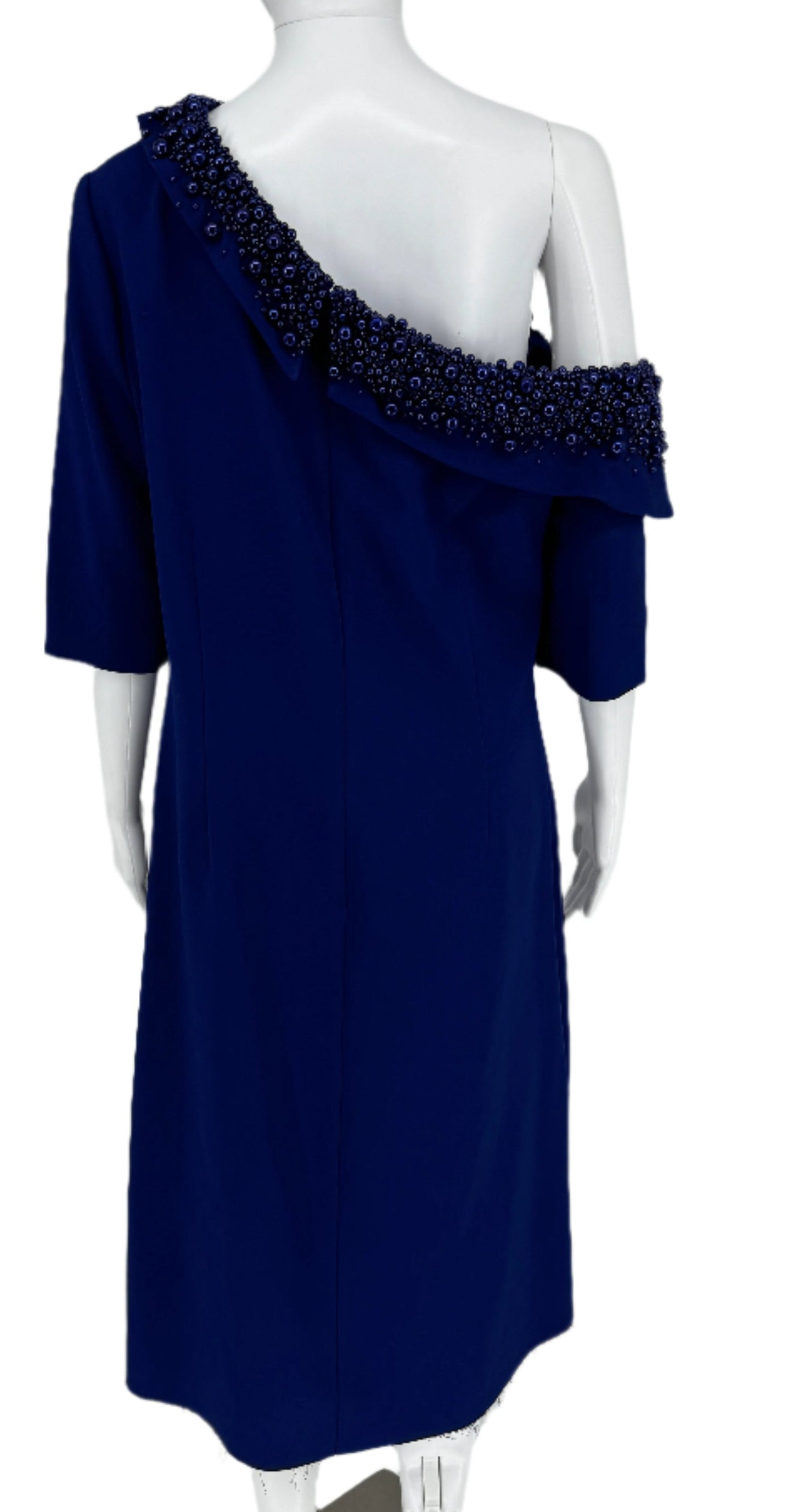 Pamella Roland Royal Blue Purple off shoulder beaded A-Symmetrical Single Sleeve A-line dress - Size 8/10