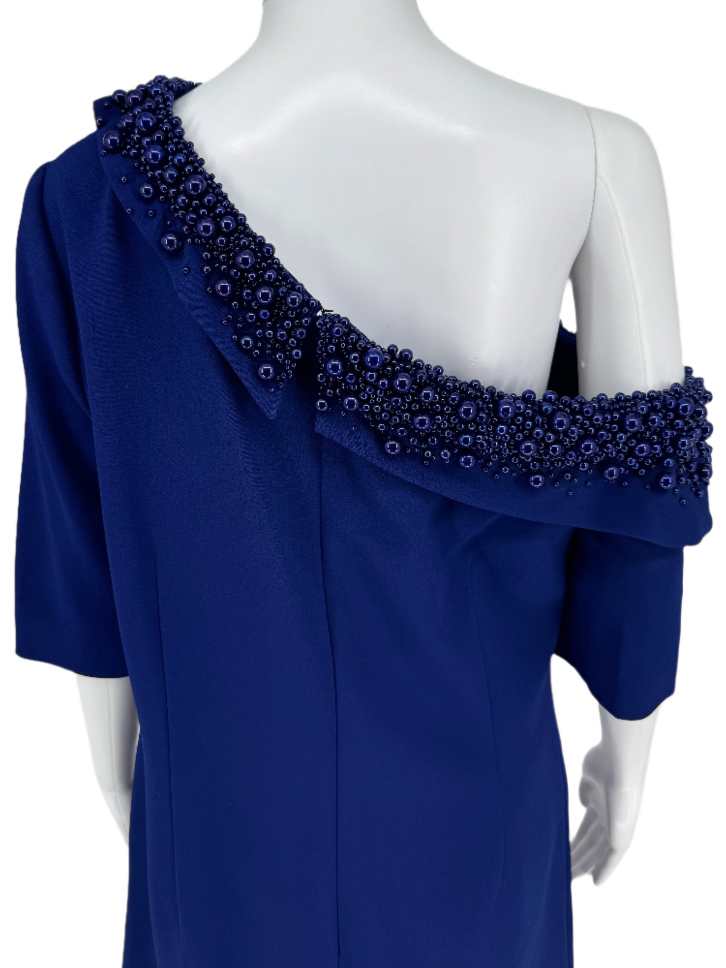 Pamella Roland Royal Blue Purple off shoulder beaded A-Symmetrical Single Sleeve A-line dress - Size 8/10