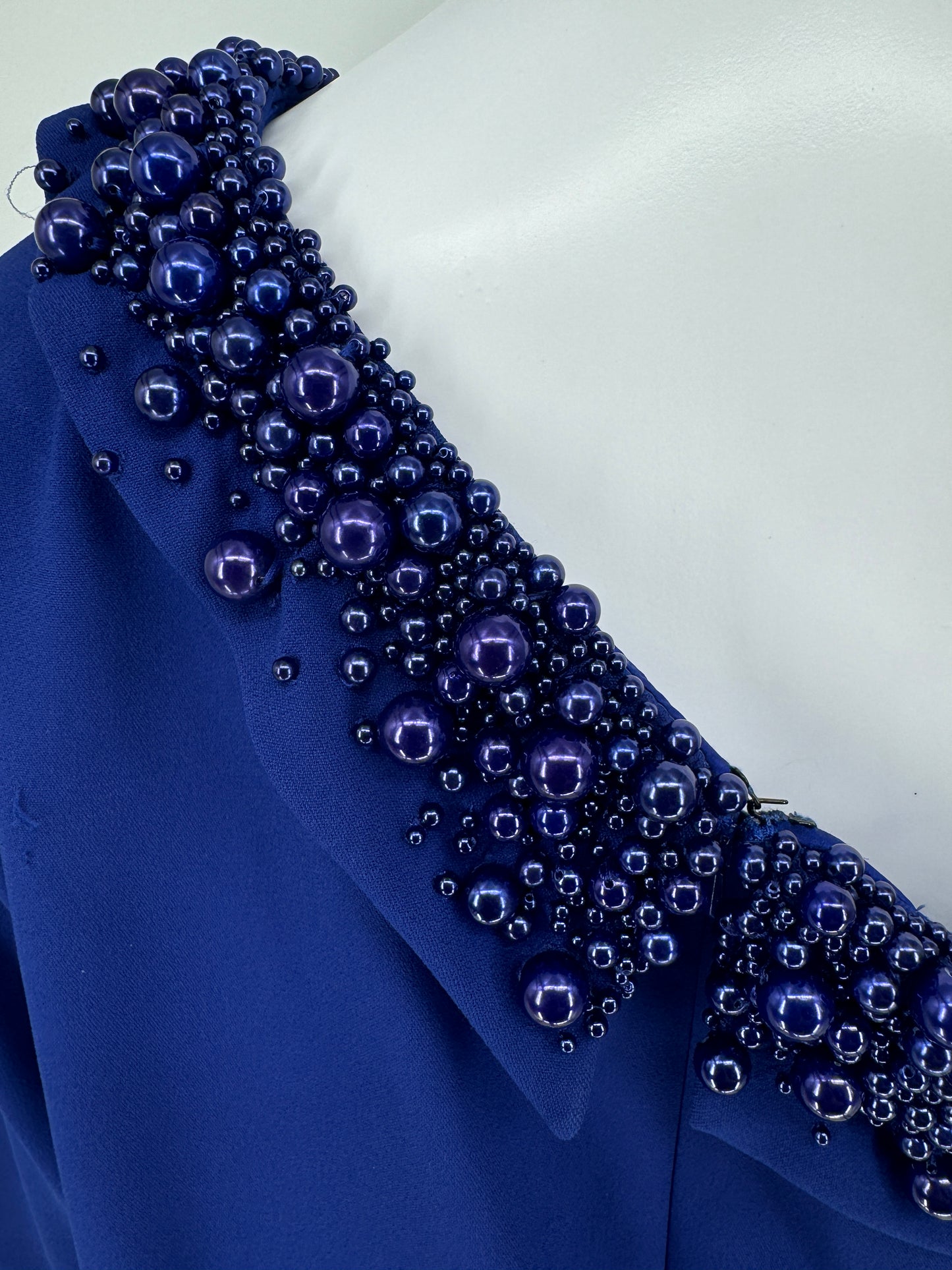 Pamella Roland Royal Blue Purple off shoulder beaded A-Symmetrical Single Sleeve A-line dress - Size 8/10