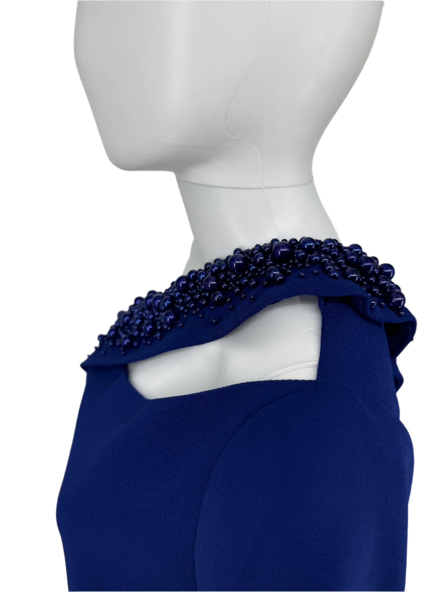 Pamella Roland Royal Blue Purple off shoulder beaded A-Symmetrical Single Sleeve A-line dress - Size 8/10