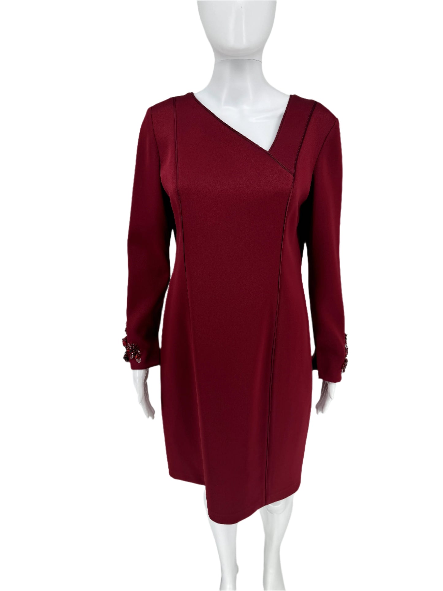 Pamella Roland - Crimson, Burgundy Duchess Double-faced Satin Long-sleeved A Symmetrical Beaded Dress Size 8/10