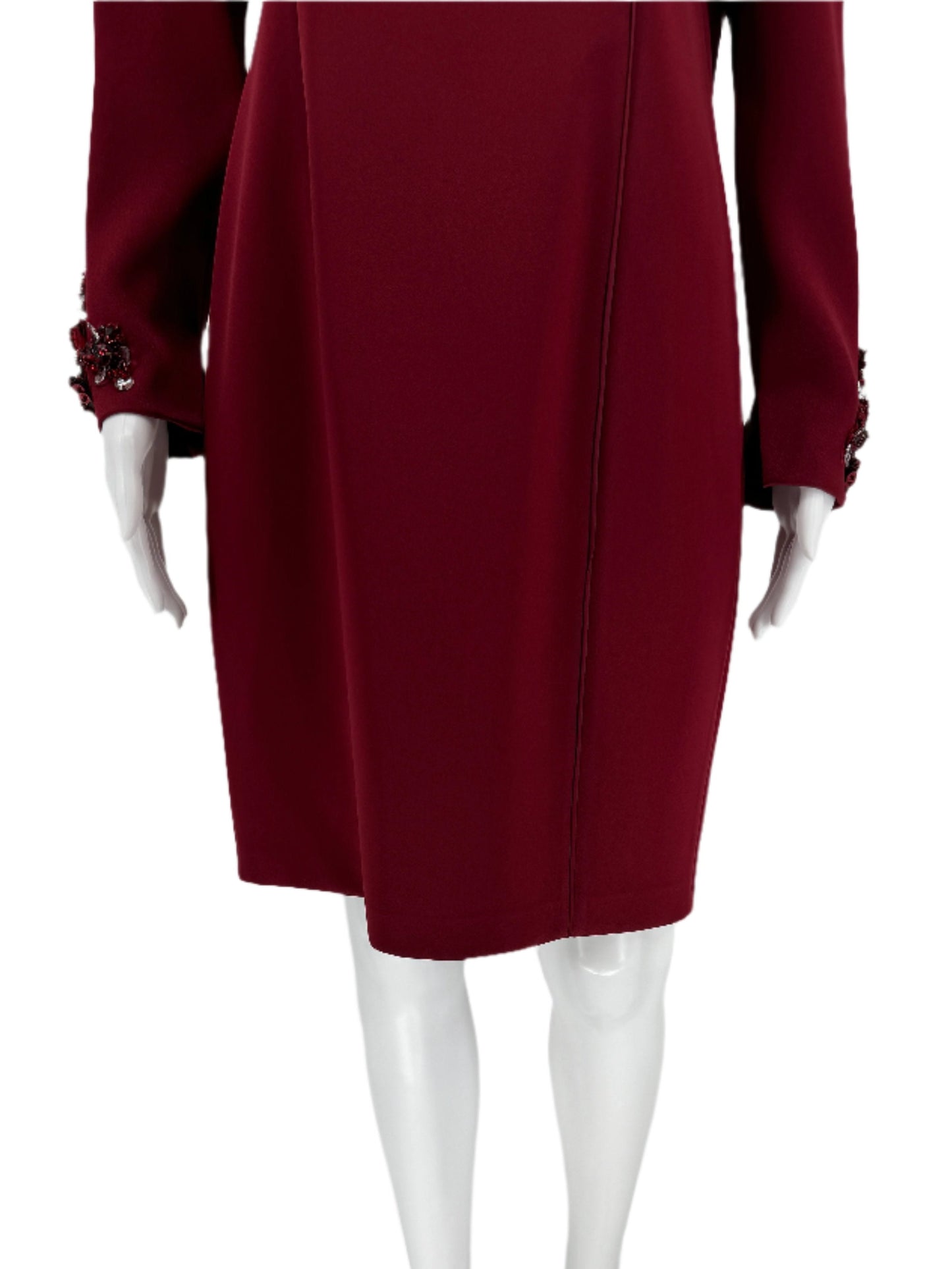 Pamella Roland - Crimson, Burgundy Duchess Double-faced Satin Long-sleeved A Symmetrical Beaded Dress Size 8/10