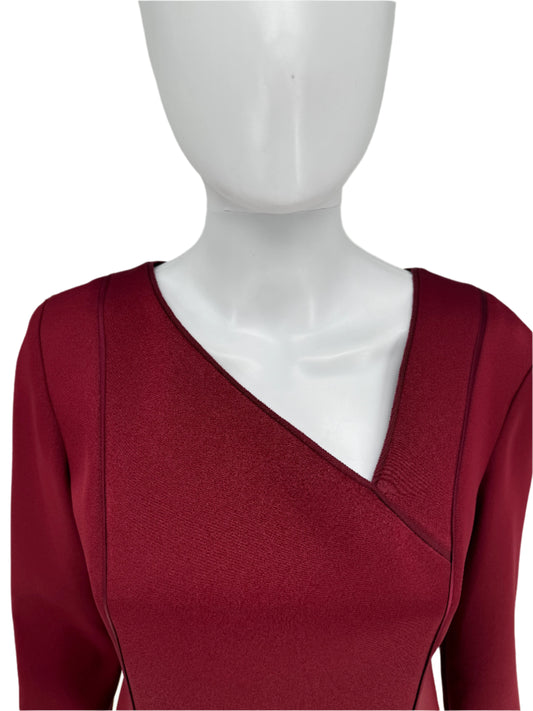 Pamella Roland - Crimson, Burgundy Duchess Double-faced Satin Long-sleeved A Symmetrical Beaded Dress Size 8/10