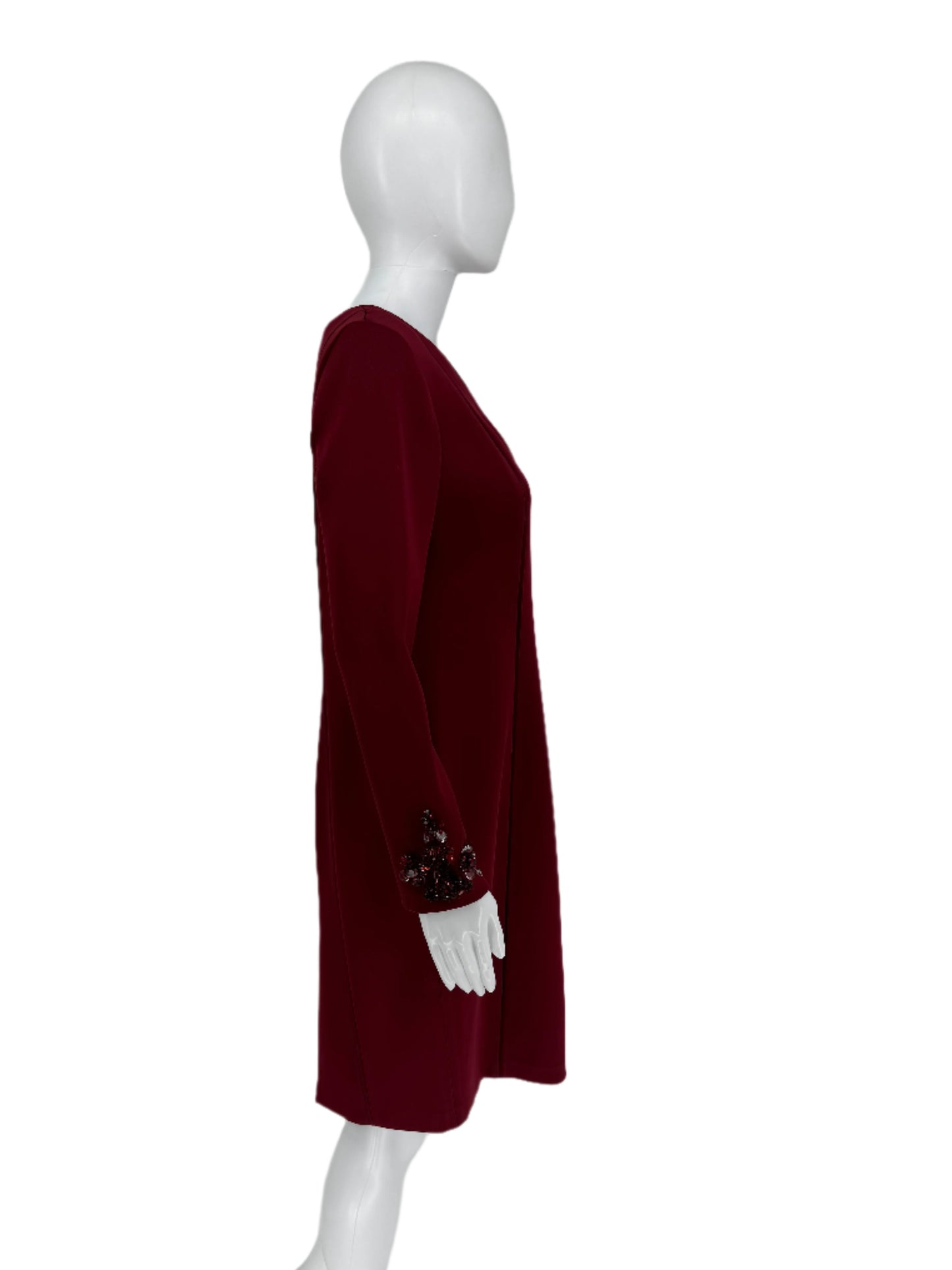 Pamella Roland - Crimson, Burgundy Duchess Double-faced Satin Long-sleeved A Symmetrical Beaded Dress Size 8/10