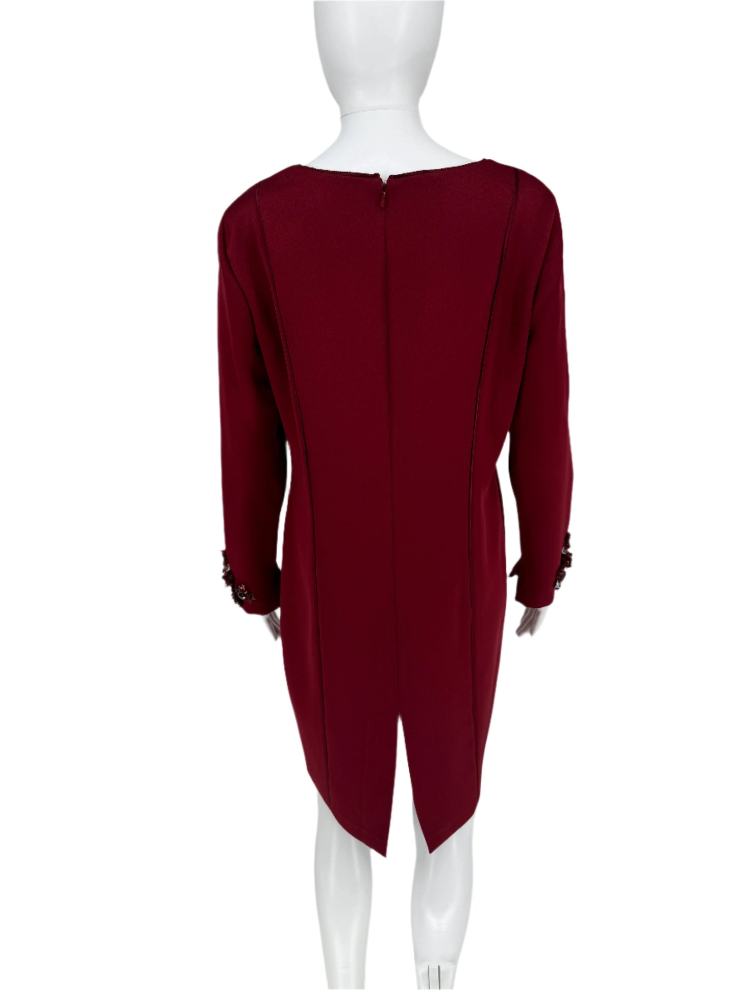 Pamella Roland - Crimson, Burgundy Duchess Double-faced Satin Long-sleeved A Symmetrical Beaded Dress Size 8/10