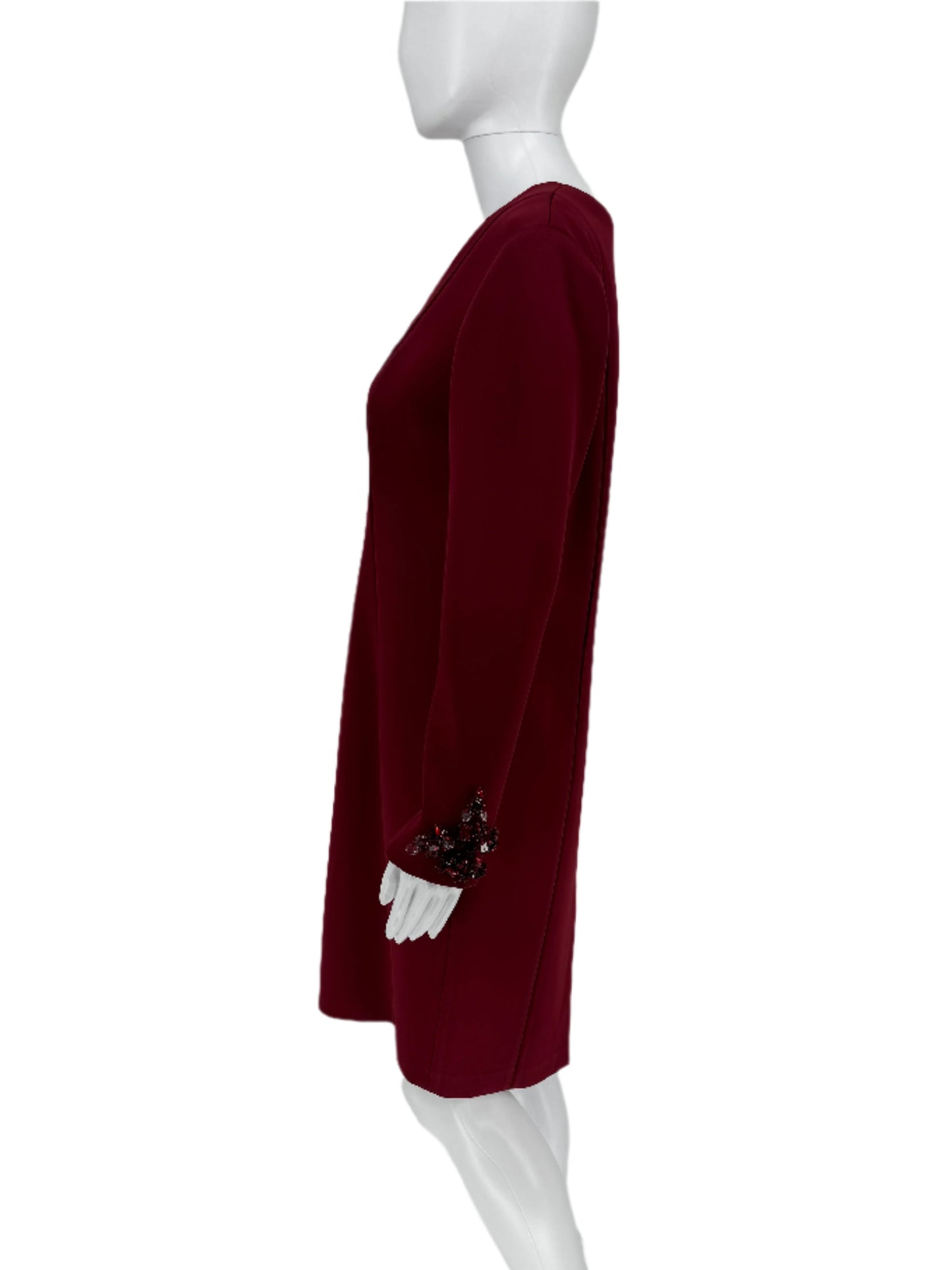 Pamella Roland - Crimson, Burgundy Duchess Double-faced Satin Long-sleeved A Symmetrical Beaded Dress Size 8/10