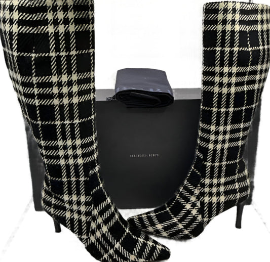 Burberry Plaid Wool Pointed Toe Knee-High Boots – Size 41.5