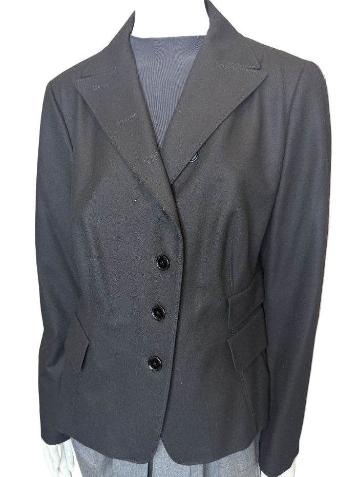 Akris Punto Black Wool-Blend Tailored Blazer with Glossy Trim – Size 14