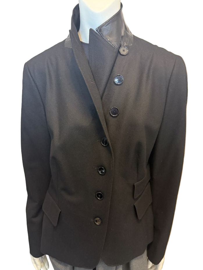 Akris Punto Black Wool-Blend Tailored Blazer with Glossy Trim – Size 14