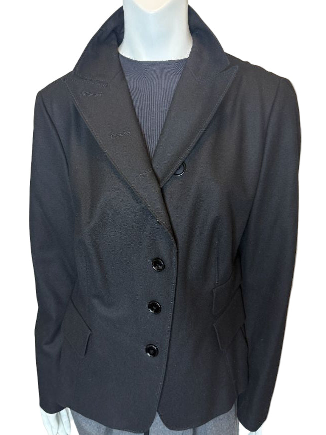 Akris Punto Black Wool-Blend Tailored Blazer with Glossy Trim – Size 14