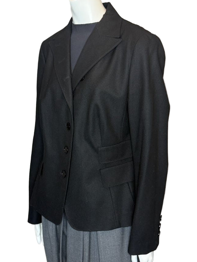 Akris Punto Black Wool-Blend Tailored Blazer with Glossy Trim – Size 14