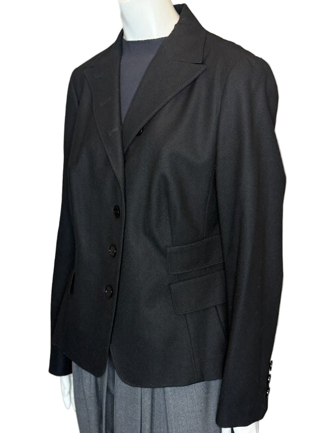 Akris Punto Black Wool-Blend Tailored Blazer with Glossy Trim – Size 14