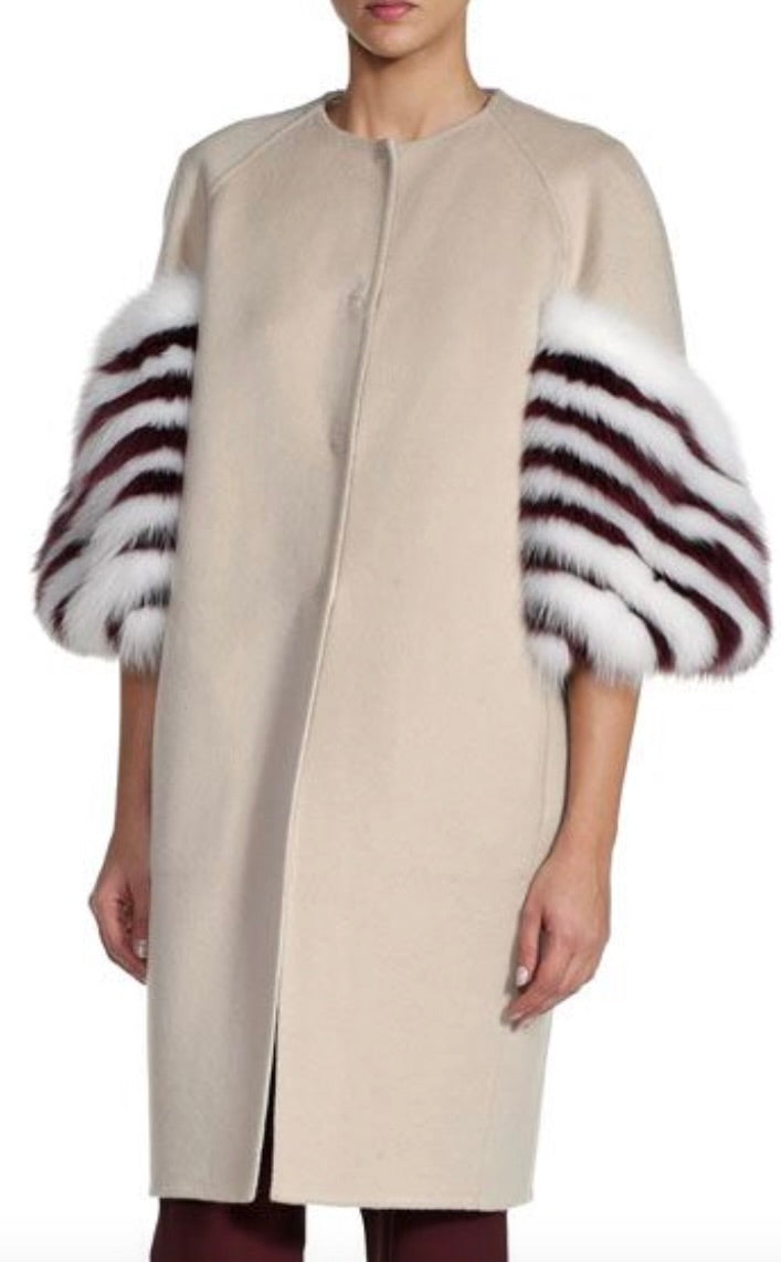 Fendi Cashmere Coat with Struoed Faux Fox Fur Sleeves - Size 38