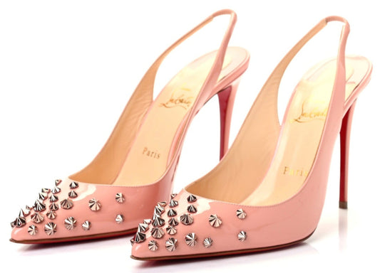 Christian Louboutin Blush Pink Patent Drama 70 Slingback Studded Heel - Sz 6.5