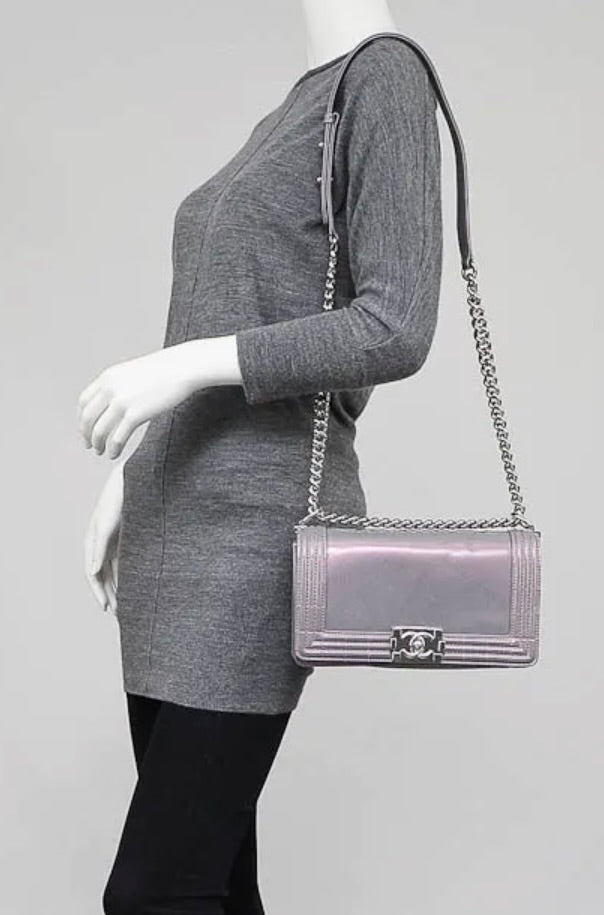 Chanel Lilac Iridescent Patent Calfskin Medium Boy Bag Silver Hardware w/ Box & Card