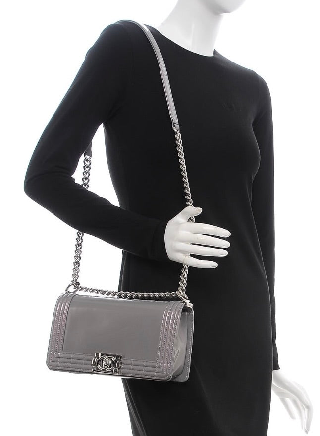 Chanel Lilac Iridescent Patent Calfskin Medium Boy Bag Silver Hardware w/ Box & Card