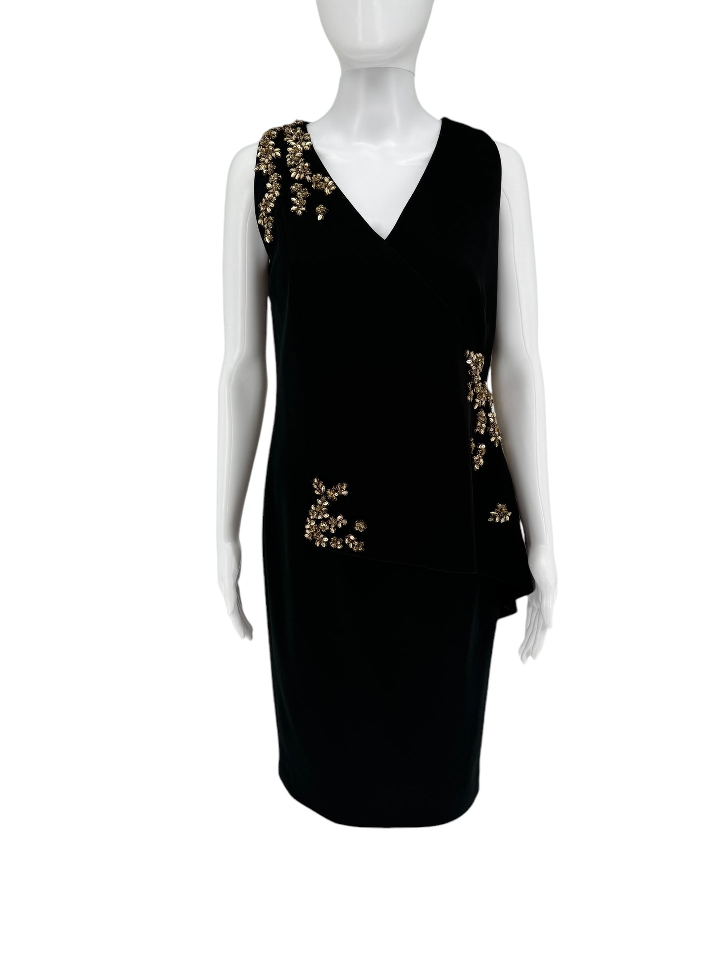 Pamella Roland Black beaded V-neck sleeveless A-Symmetrical Peplum/Fitted Knee Length Dress – Size 10