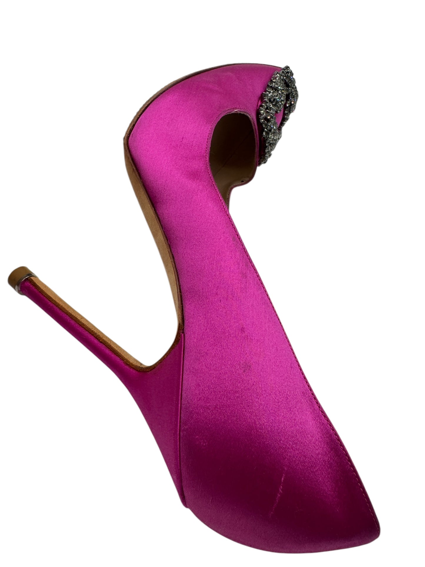 Manolo Blahnik Fuchsia Satin and Crystal Buckle Hangisi Pumps Size 38.5