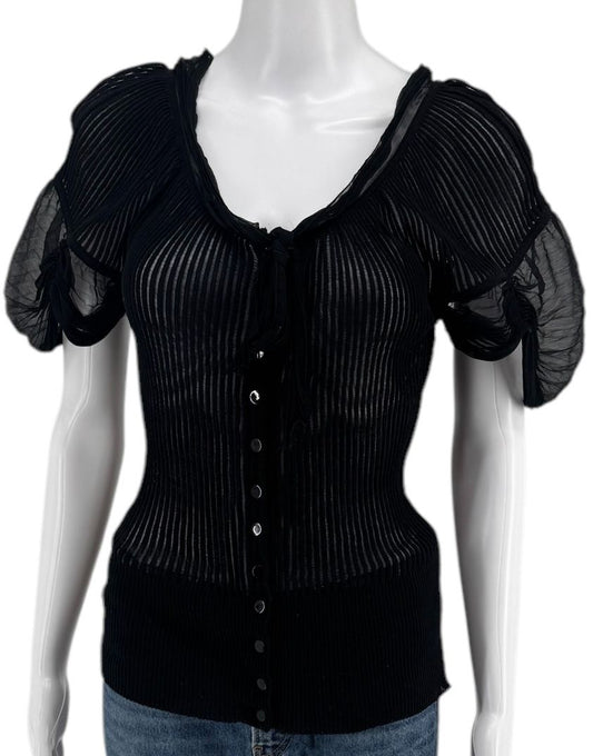 Jean Paul Gaultier Black Ribbed Sheer Top with Puff Sleeves - S
