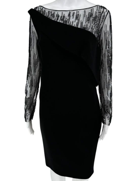 Pamella Roland Black Embellished Mesh Sleeve Cocktail Dress – Large
