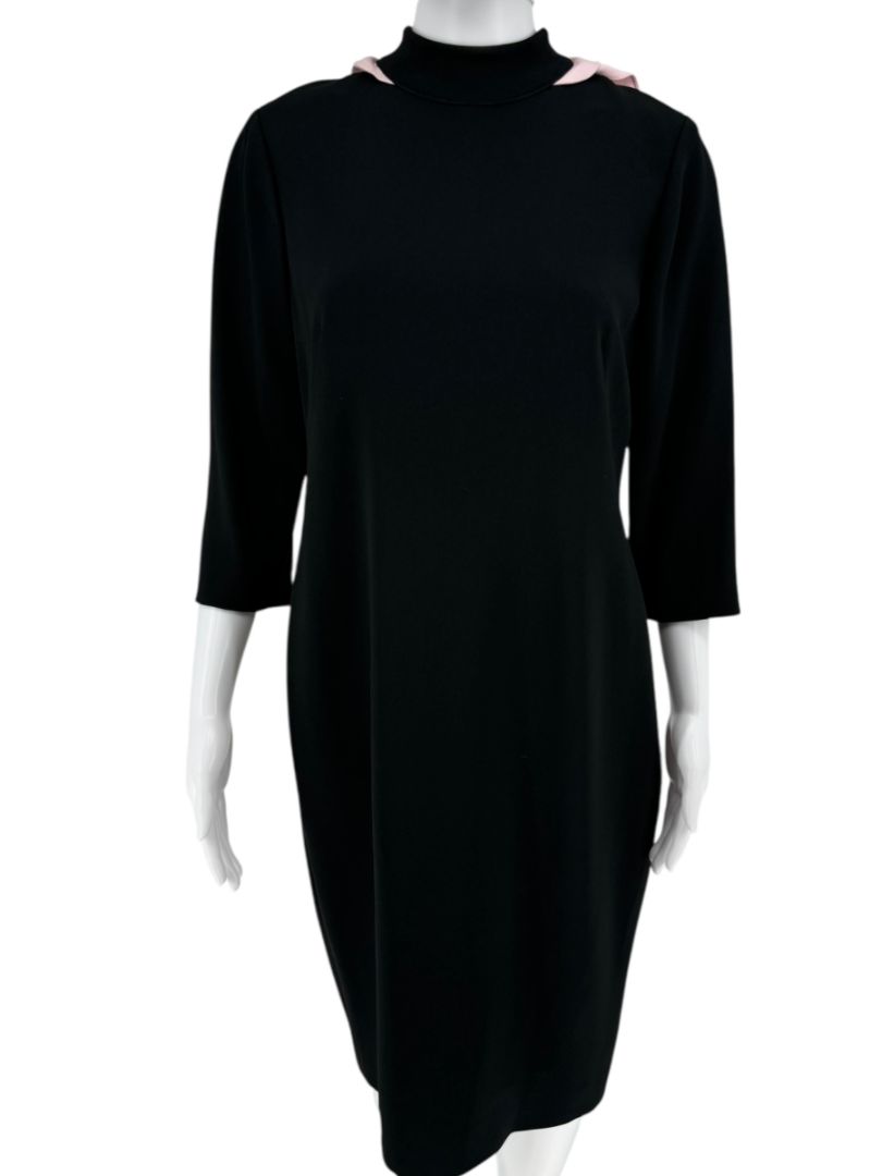 Pamella Roland Black Crepe Shift Dress with Pink Ruffle Back & Neck Tie - Large