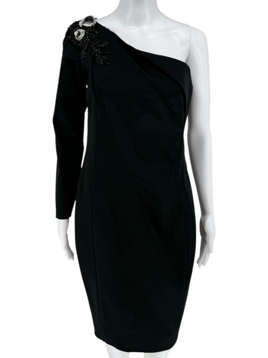Pamella Roland Black Beaded One-Shoulder Cocktail Dress - Large