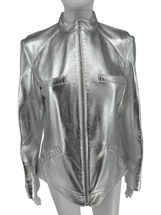 Pamella Roland Silver Metallic Leather Moto Jacket – Size 8