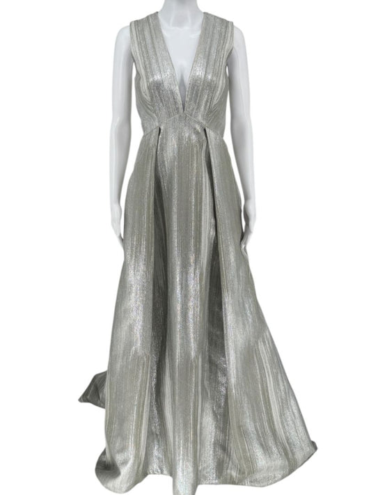 Pamella Roland Silver Metallic Sleeveless Gown with Plunging Neckline – Size 6