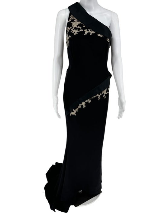 Pamella Roland Black One-Shoulder Gown with Embroidered Gold Appliqué - Large