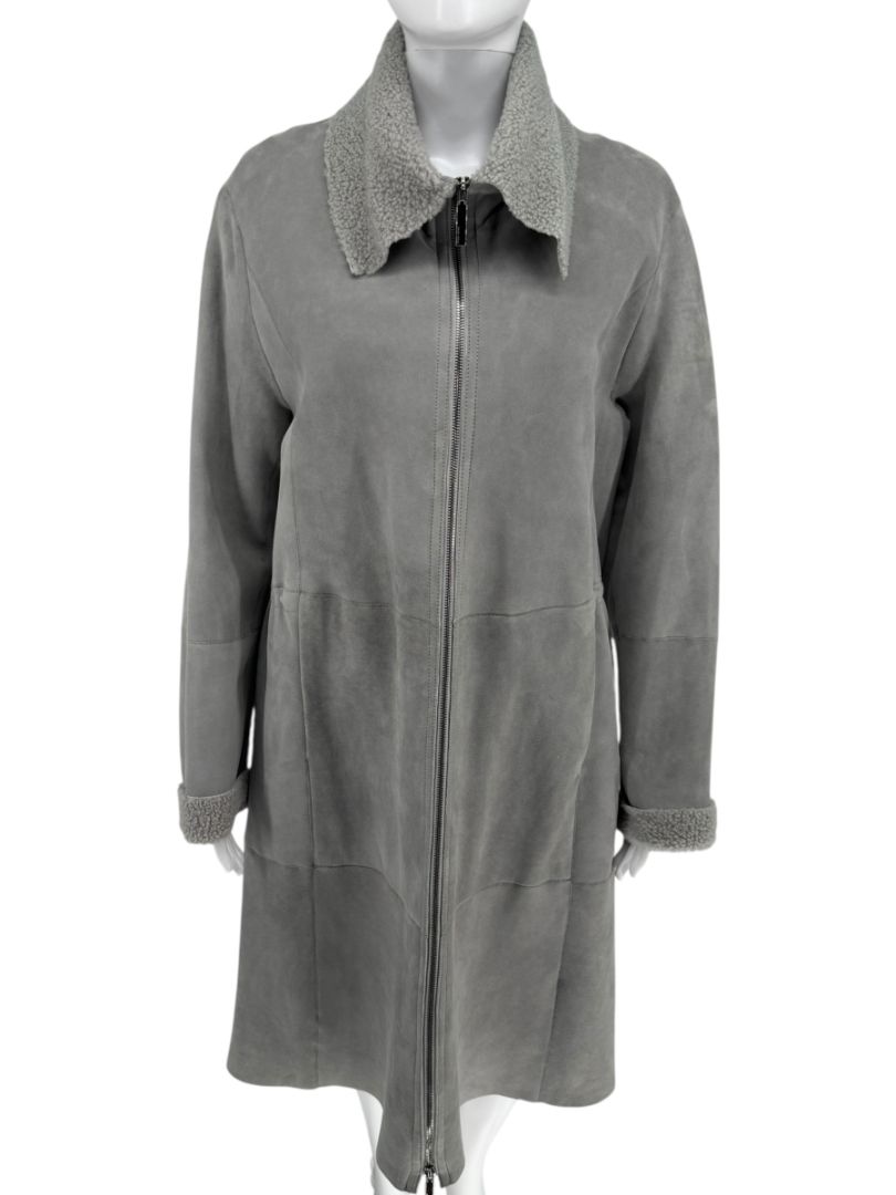Hugo Boss Grey Shearling-Lined Suede Coat – Size Large