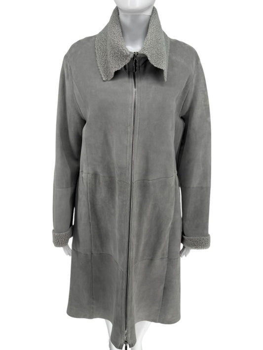 Hugo Boss Grey Shearling-Lined Suede Coat – Size Large