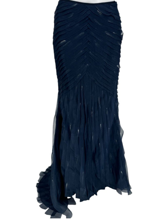Pamella Roland Navy Textured & Hand Painted Chiffon Tiered Mermaid Skirt –