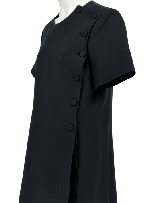 Christian Dior Paris Black Wool-Silk Shift Dress with Asymmetric Button Detail – Size FR 42 (US 10)