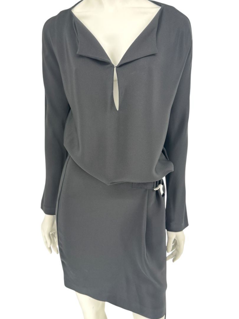 Pamella Roland Black Drape-Front Long Sleeve Belted Mini Dress – Large
