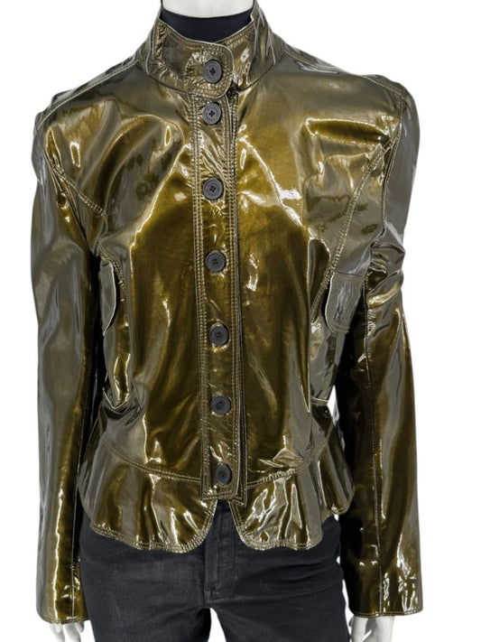 Burberry London Metallic Olive Green Leather Jacket – Size UK 12 / US 10
