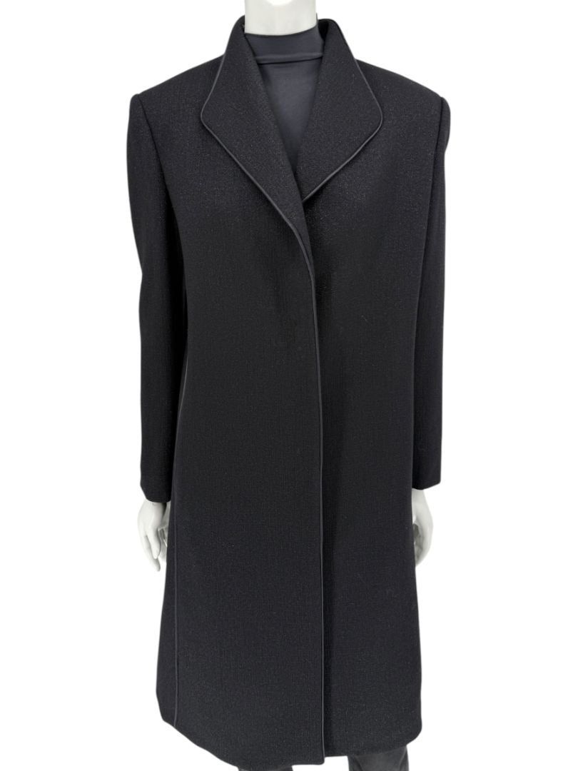 Pamella Roland Black Longline Coat Piped Trim Open Front Designer Outerwear Fits L