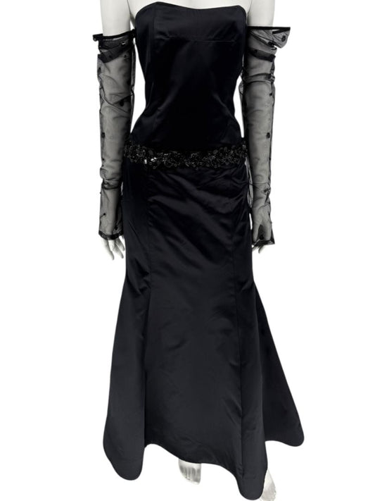 Pamella Roland Black Strapless Evening Dress Embellished Waist Sheer Sleeve Formal Gown - Size 6