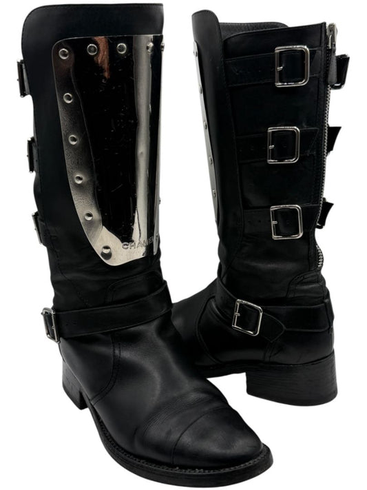 Chanel Black Leather Moto Boots with Silver Armor Plate – Size 40.5