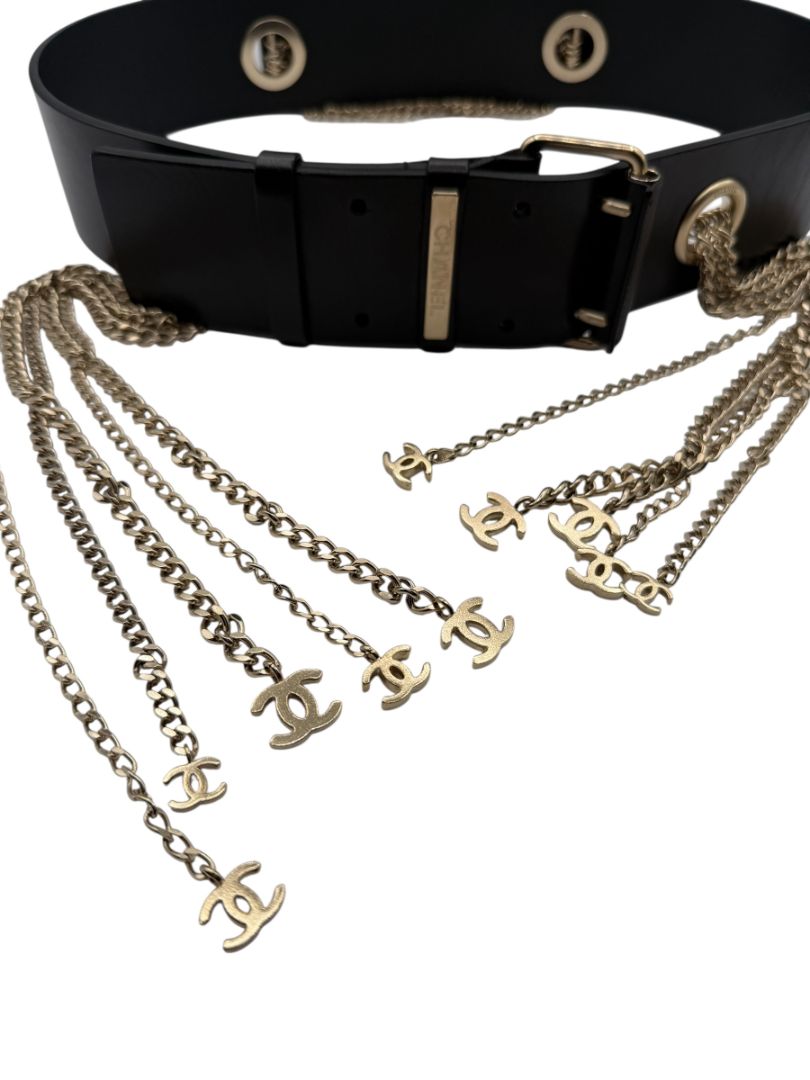 Chanel Spring 2008 Black Leather Gold Chain Accent Belt – Size 90/36