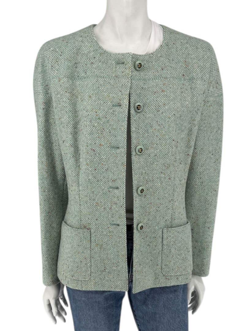 Chanel Women’s Mint Green Wool-Mohair Blend Tweed Jacket with Detachable Scarf – Size 44