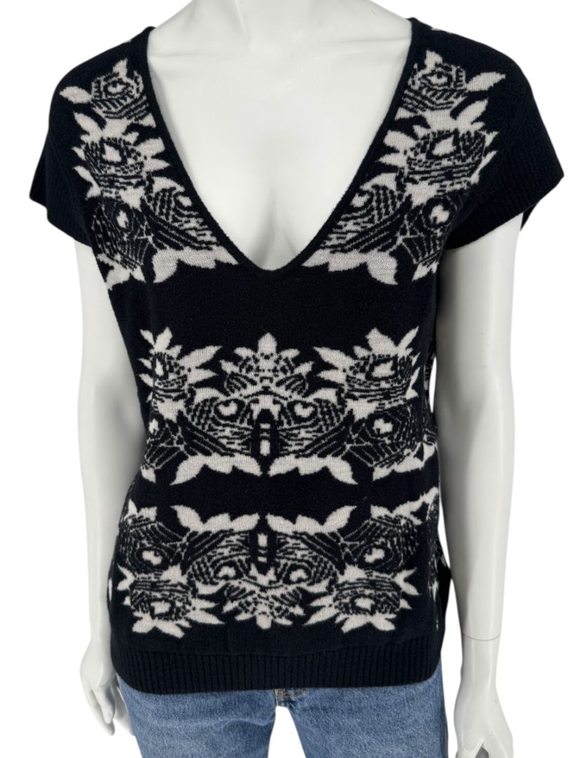 Chanel Black & Ivory Wool-Blend Deep V-Neck Sweater – Size FR 44