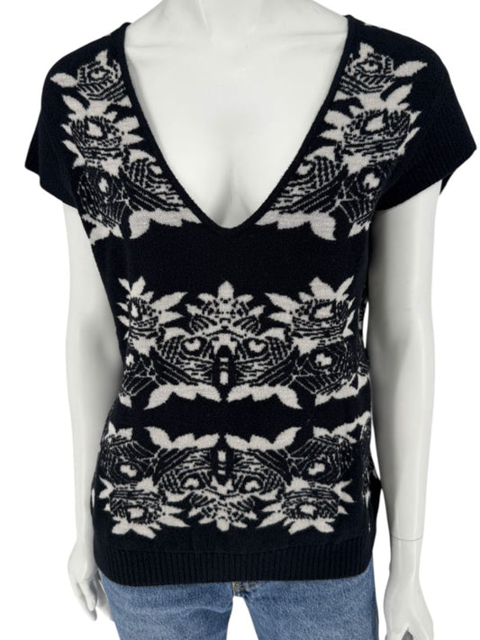 Chanel Black & Ivory Wool-Blend Deep V-Neck Sweater – Size FR 44