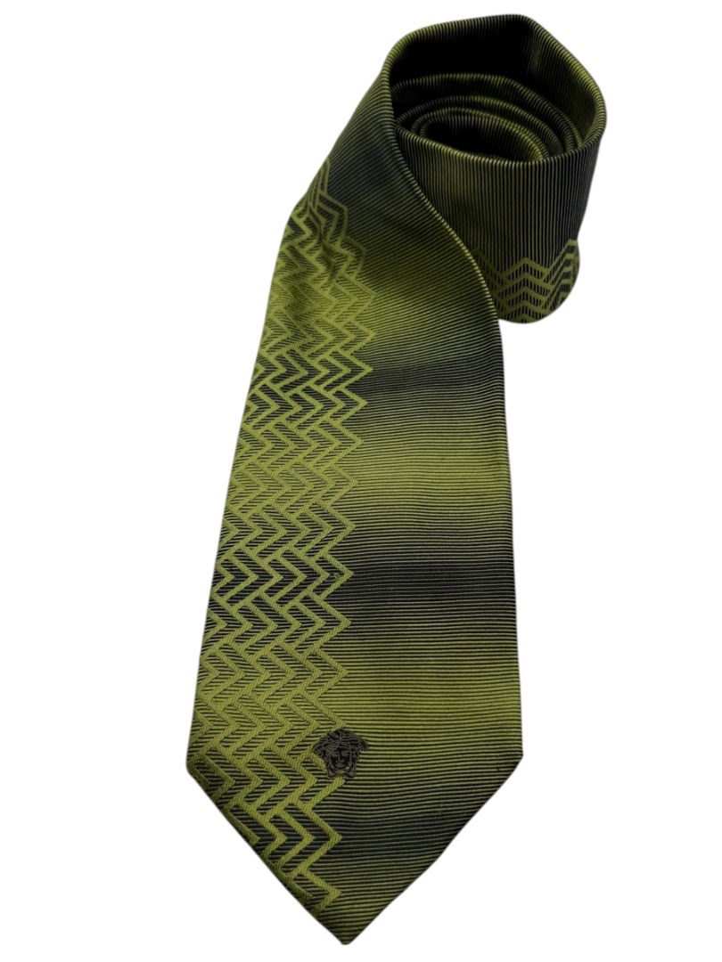 Gianni Versace Silk Tie – Green Ombre with Geometric Chevron Pattern